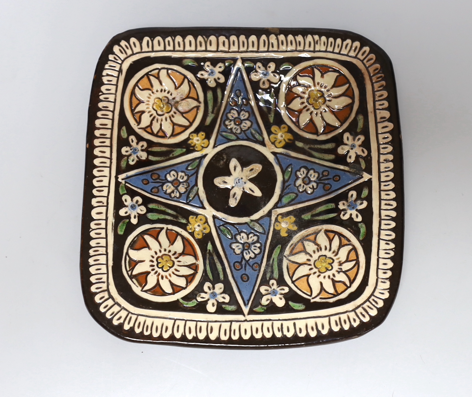 Three Thoune glazed earthenware items comprising dish, jug and vase, two signed to the base, the largest 12cm wide